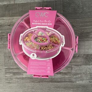PINK ROUND 6 DIVIDER SNACKLE BOX WITH CARRYING HANDLE AND TURNABLE BASE